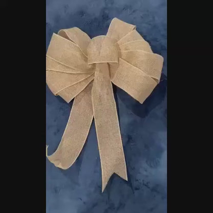 Large Wired Burlap Natural 12"x12"- 11 Loop Bow, Farmhouse/ Coastal Bow, Wire