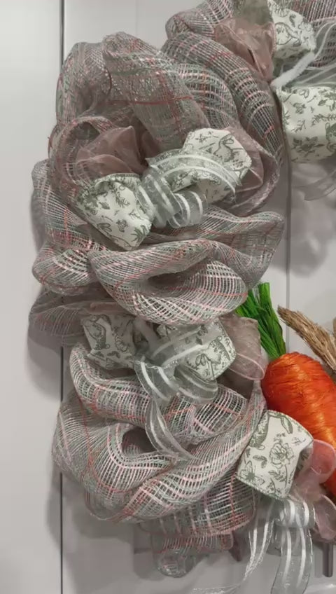 Artisan Spring Bunny Wreath – Neutral Burlap Mesh Easter Door Decor