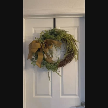 18" Greenery Grapevine Wreath – Everyday Front Door Decor with Burlap Bow Accent