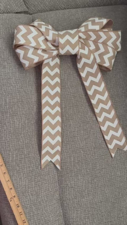 Chevron Burlap Wired Ribbon Bow – 14"x20" Removable Wreath Bow with Floral Wire for Seasonal Front Door & Home Decor Accents