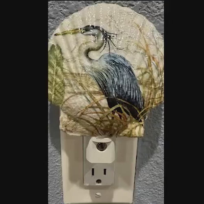 Scallop Shell Nightlight- Blue Heron Coastal Decoupage Shell Art Light- Beach Theme Home Dec