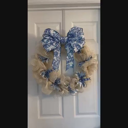 Large Coastal Bow 15" – Nautical Wired Ribbon Wreath Bow with Easy Floral Wire Attachment – Beach House Decor