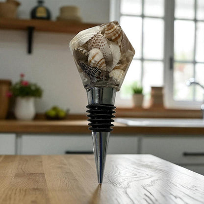 Coastal Resin Wine Bottle Stopper with Real Seashells – Beach House Host Gift, Bar Cart Décor