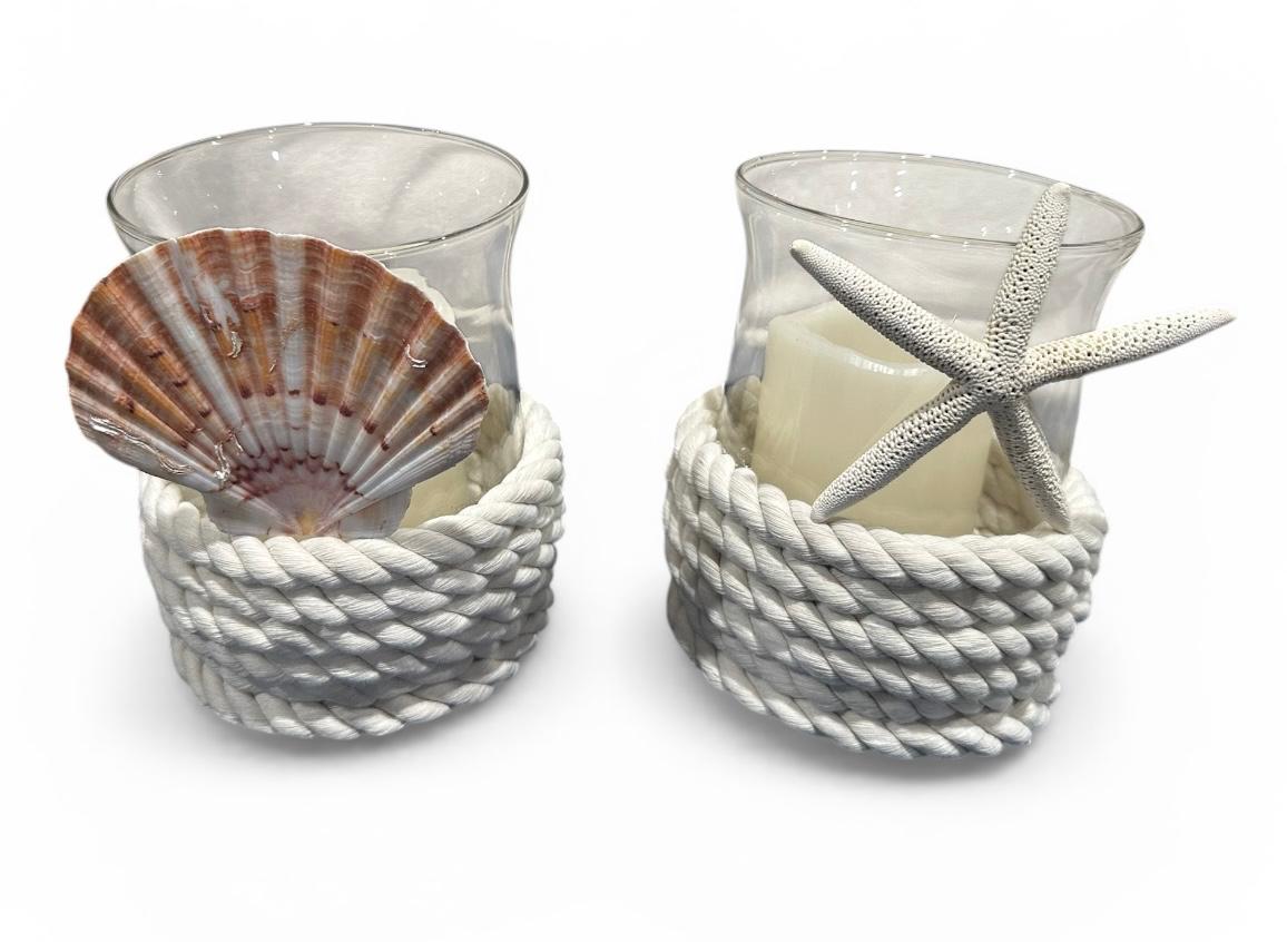Coastal Glass Candle Holder Rope Wrapped Starfish LED Beach Wedding Centerpiece