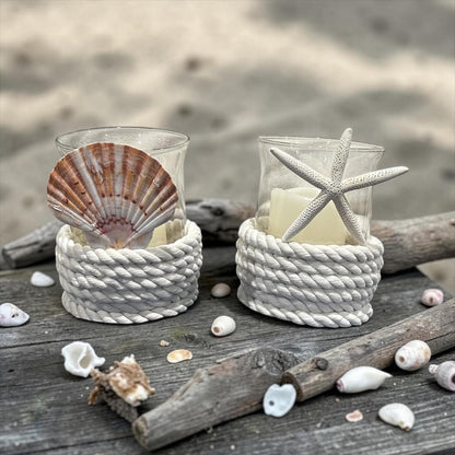 Coastal Glass Candle Holder Rope Wrapped Starfish LED Beach Wedding Centerpiece