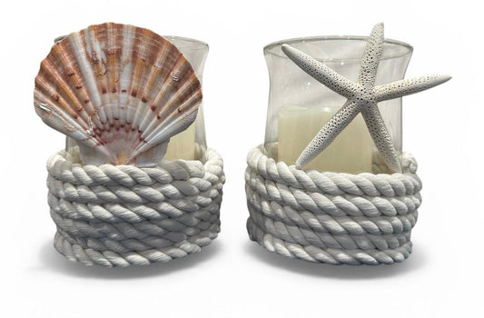 Coastal Glass Candle Holder Rope Wrapped Starfish LED Beach Wedding Centerpiece