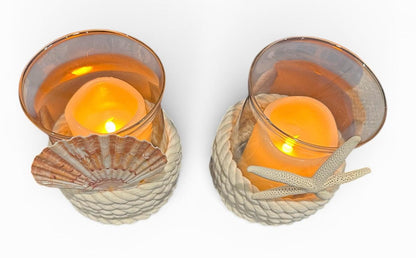 Coastal Glass Candle Holder Rope Wrapped Starfish LED Beach Wedding Centerpiece