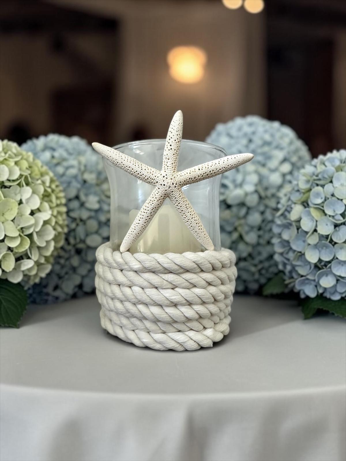 Coastal Glass Candle Holder Rope Wrapped Starfish LED Beach Wedding Centerpiece