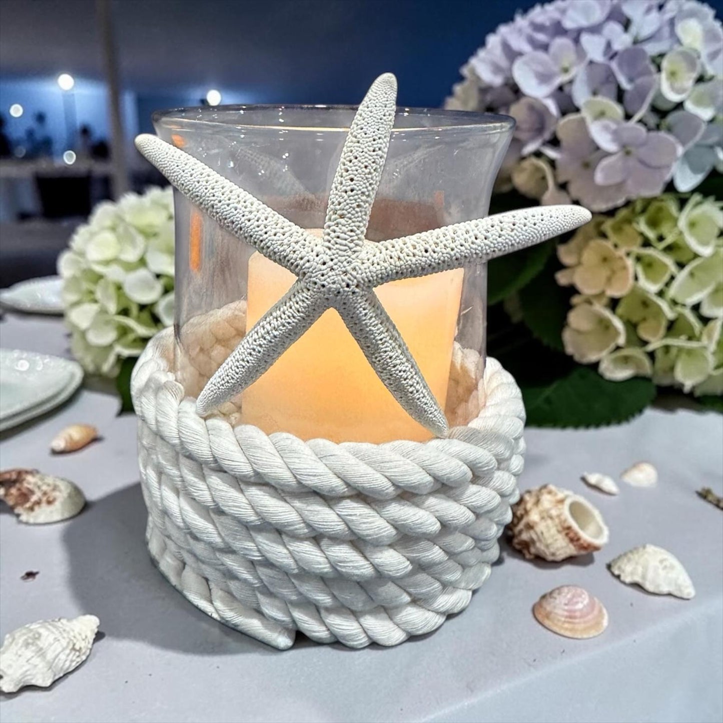 Coastal Glass Candle Holder Rope Wrapped Starfish LED Beach Wedding Centerpiece