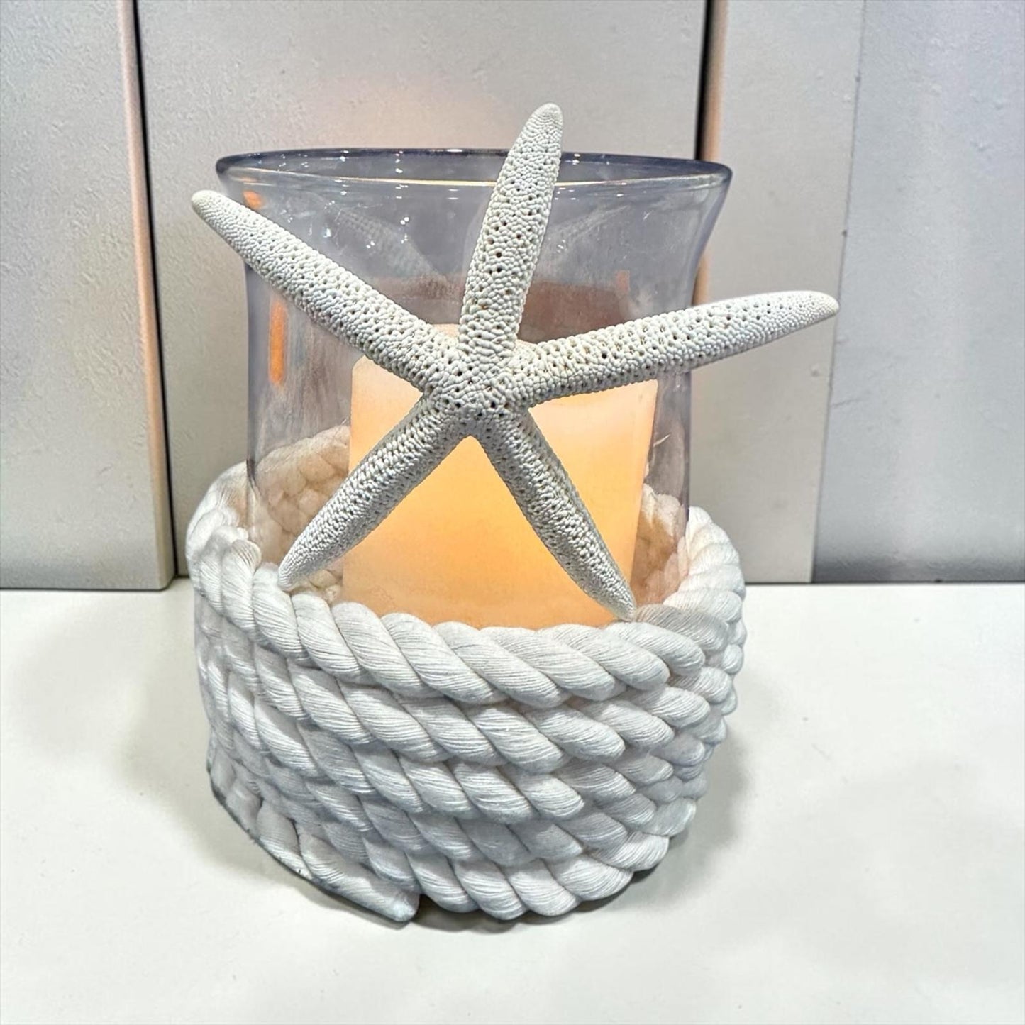 Coastal Glass Candle Holder Rope Wrapped Starfish LED Beach Wedding Centerpiece