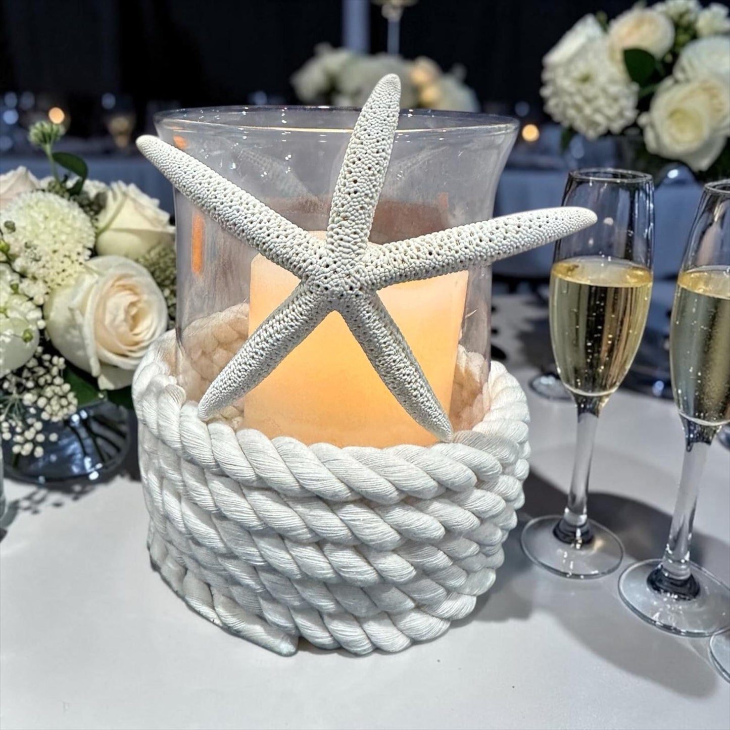 Coastal Glass Candle Holder Rope Wrapped Starfish LED Beach Wedding Centerpiece