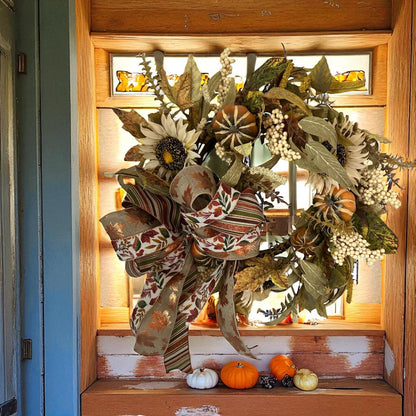 Handcrafted Fall Sunflower & Pumpkin Wreath with Autumn Leaves and Ribbon Bow – Thanksgiving Door or Mantel Decor