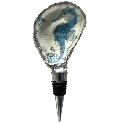 Handmade Oyster Shell Wine Bottle Stoppers – Decoupaged Coastal Designs – Silver-Gilt Edges- Unique Housewarming or Hostess Gift- 6 Styles