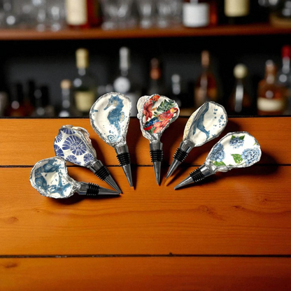 Handmade Oyster Shell Wine Bottle Stoppers – Decoupaged Coastal Designs – Silver-Gilt Edges- Unique Housewarming or Hostess Gift- 6 Styles