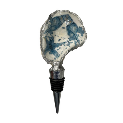Handmade Oyster Shell Wine Bottle Stoppers – Decoupaged Coastal Designs – Silver-Gilt Edges- Unique Housewarming or Hostess Gift- 6 Styles