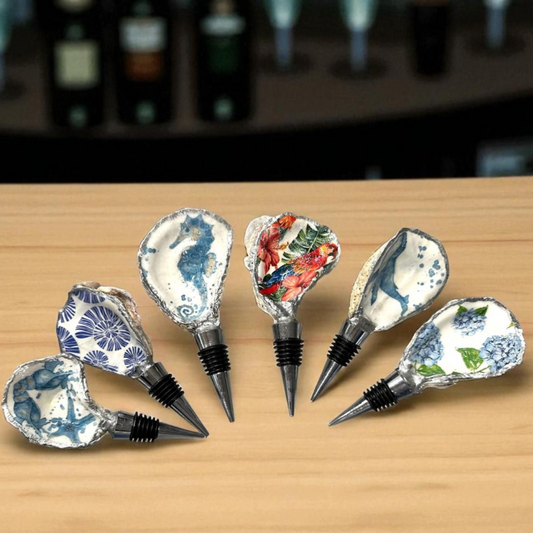 Handmade Oyster Shell Wine Bottle Stoppers – Decoupaged Coastal Designs – Silver-Gilt Edges- Unique Housewarming or Hostess Gift- 6 Styles