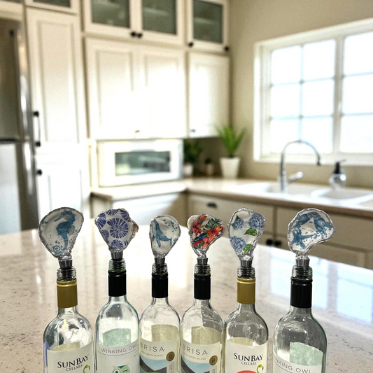 Handmade Oyster Shell Wine Bottle Stoppers – Decoupaged Coastal Designs – Silver-Gilt Edges- Unique Housewarming or Hostess Gift- 6 Styles