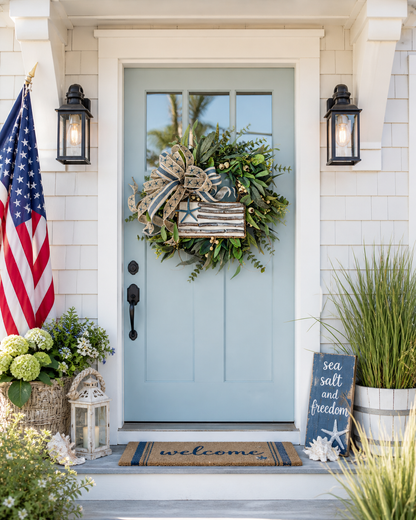 Coastal Driftwood American Flag Wreath with Removable Flag Sign- Hand-made