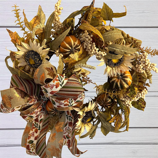 Handcrafted Fall Sunflower & Pumpkin Wreath with Autumn Leaves and Ribbon Bow – Thanksgiving Door or Mantel Decor