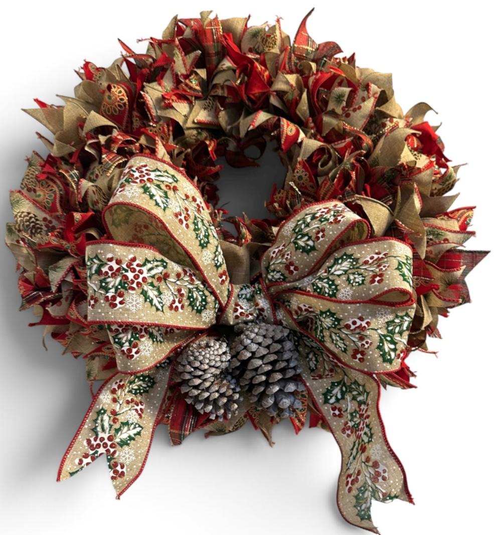 Handmade Christmas Wreath for Front Door – 20"  Holiday Ribbon Wreath with Bow & Frosted Pinecones, Red Green Gold Fireplace Mantel Decor