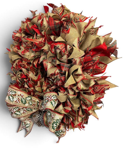 Handmade Christmas Wreath for Front Door – 20"  Holiday Ribbon Wreath with Bow & Frosted Pinecones, Red Green Gold Fireplace Mantel Decor