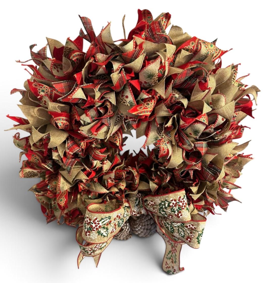 Handmade Christmas Wreath for Front Door – 20"  Holiday Ribbon Wreath with Bow & Frosted Pinecones, Red Green Gold Fireplace Mantel Decor
