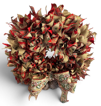 Handmade Christmas Wreath for Front Door – 20"  Holiday Ribbon Wreath with Bow & Frosted Pinecones, Red Green Gold Fireplace Mantel Decor