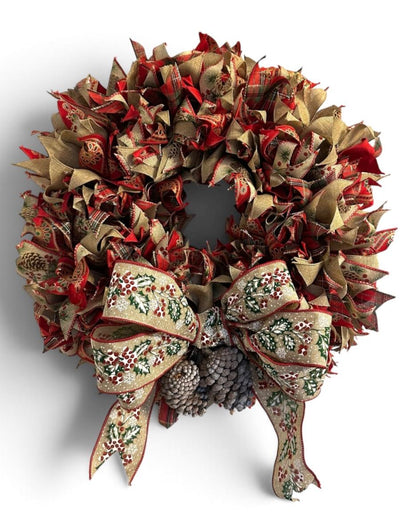 Handmade Christmas Wreath for Front Door – 20"  Holiday Ribbon Wreath with Bow & Frosted Pinecones, Red Green Gold Fireplace Mantel Decor