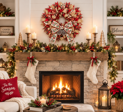 Handmade Christmas Wreath for Front Door – 20"  Holiday Ribbon Wreath with Bow & Frosted Pinecones, Red Green Gold Fireplace Mantel Decor