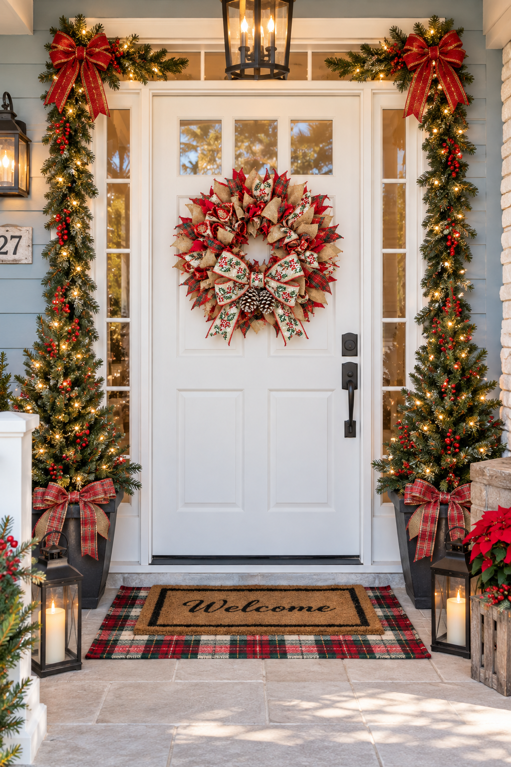 Handmade Christmas Wreath for Front Door – 20"  Holiday Ribbon Wreath with Bow & Frosted Pinecones, Red Green Gold Fireplace Mantel Decor