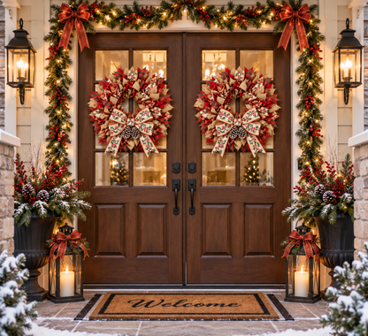 Handmade Christmas Wreath for Front Door – 20"  Holiday Ribbon Wreath with Bow & Frosted Pinecones, Red Green Gold Fireplace Mantel Decor