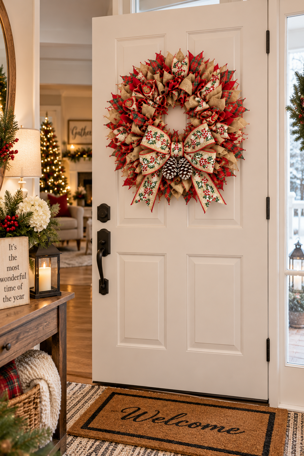 Handmade Christmas Wreath for Front Door – 20"  Holiday Ribbon Wreath with Bow & Frosted Pinecones, Red Green Gold Fireplace Mantel Decor