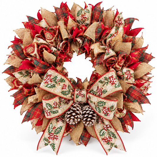 Handmade Christmas Wreath for Front Door – 20"  Holiday Ribbon Wreath with Bow & Frosted Pinecones, Red Green Gold Fireplace Mantel Decor